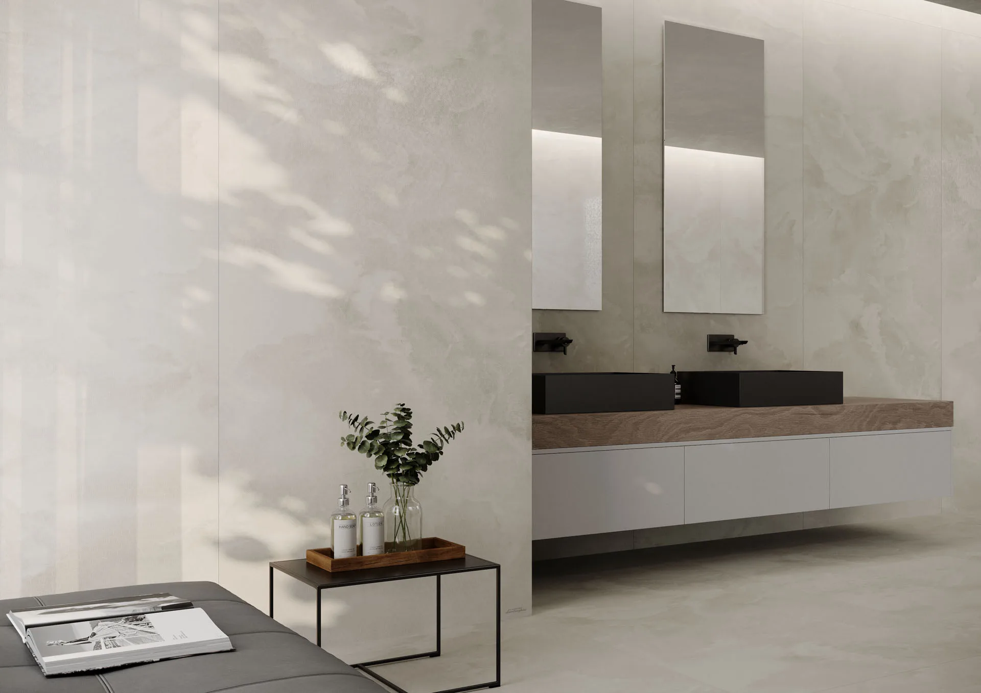 Silentium porcelain wall surfaces in a luxury bathroom vanity
